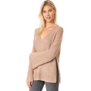 Rebecca Minkoff Remi Tan V-Neck Wool Mohair Knit Side Slit Pullover Sweater Sz S